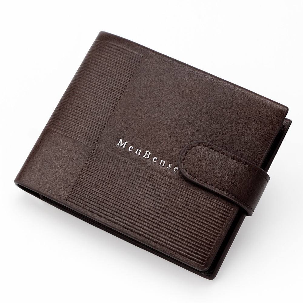 Temporal hebilla textura de cuero horizontal cartera de hombre de negocios corta línea oscura artesanía de tres plegadas cartera de bisagra de hombre