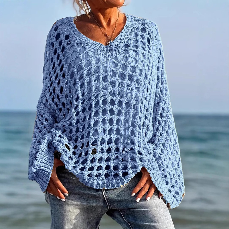 New Amazon European and American Cross-border Loose Casual All-match Hollow-out Long-sleeved plus size Women's Sweater