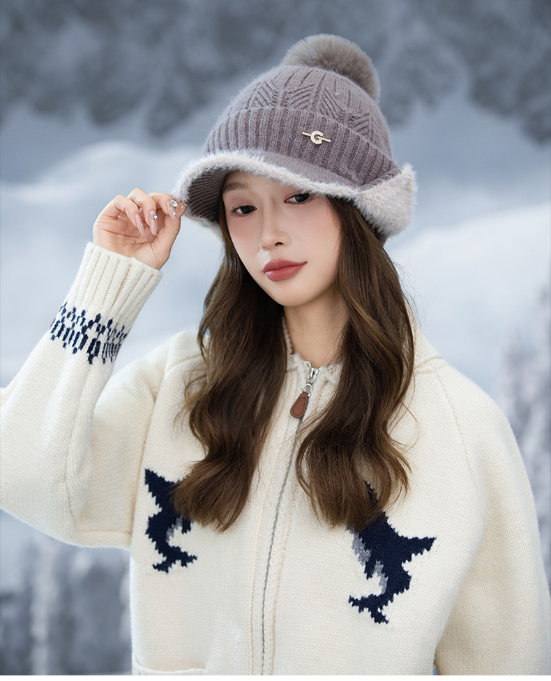 Autunno Inverno Nuovo G Label Bicolore Paraorecchie sfilacciato Esterno Foderato in pile Ispessito Antifreddo Caldo Viso-snellente Lavorato a maglia_voghion.com