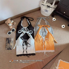10147#人棉纯欲V领花边拼接挂脖绑带吊带背心辣妹露背修身上衣
