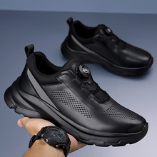 真皮男鞋秋冬季新款透气头层牛皮轻便厚底旋转纽扣运动鞋子休闲皮