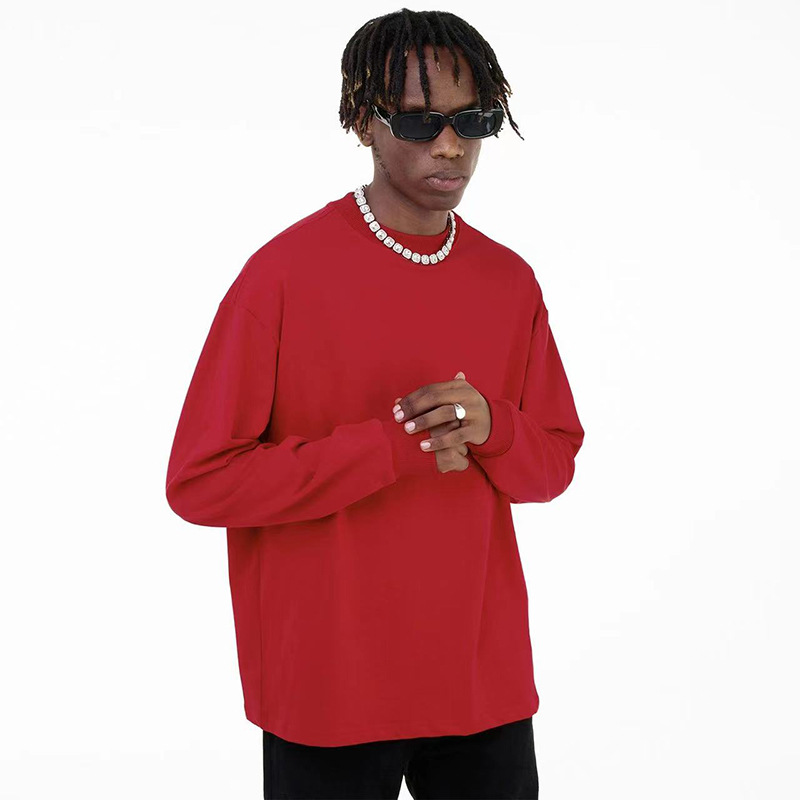 Otoño y invierno nuevo algodón pesado pequeño cuello camiseta de manga larga hombre micro cuello alto 350g suelta camiseta de base universal