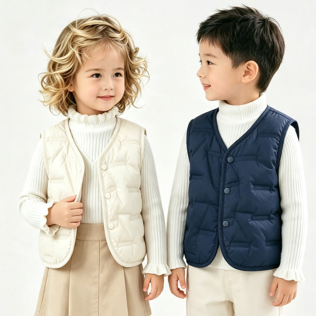 Children's lightweight down vest, spring and autumn style, warm vest for boys and girls, inner layer, outer layer, solid color, simple vest.