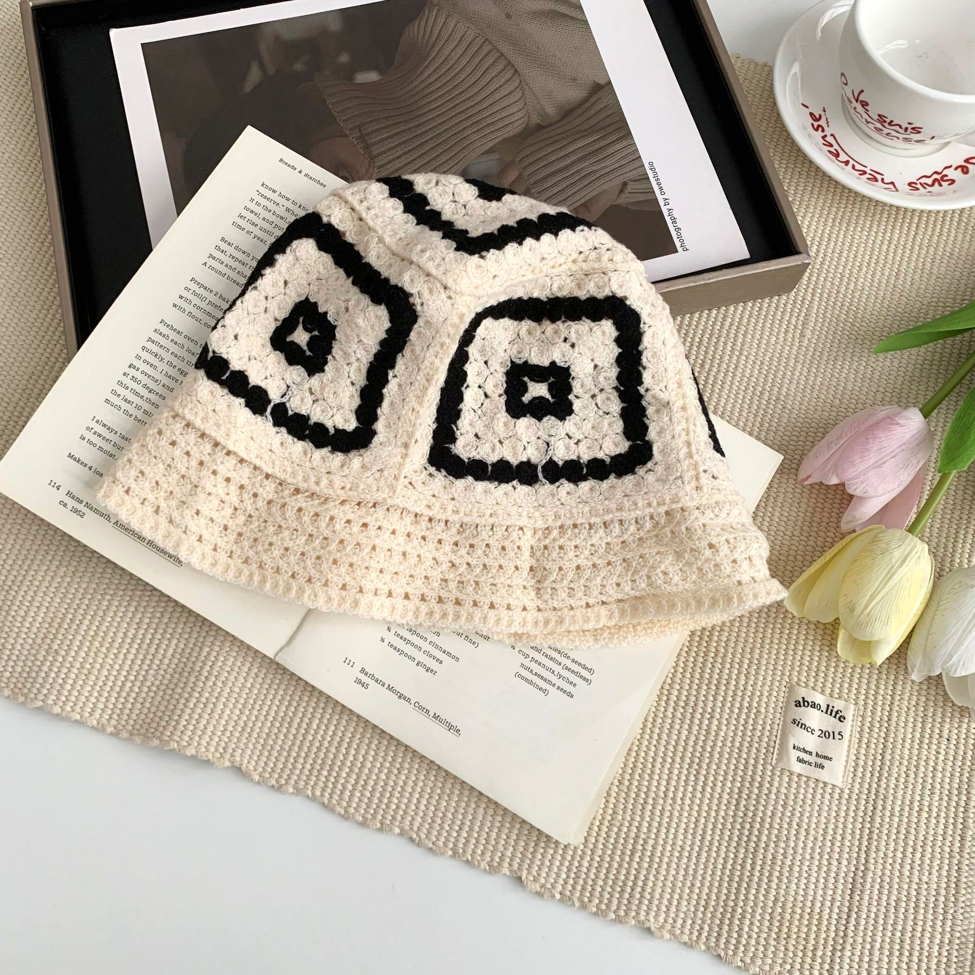 Sombrero de cabeza grande Sombrero de pescador de arte japonés Sombrero plegable de cúpula de flores de punto a juego de color para mujer Sombra de protección solar