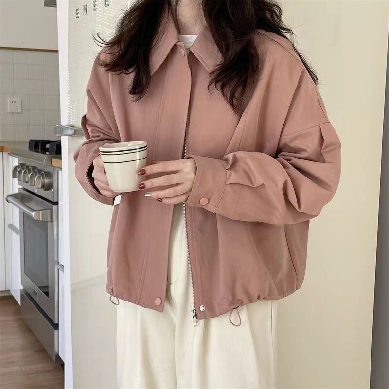 2024 New Autumn Dongdaemun New Korean Style Casual Drawstring Retro Lapel Loose Thin Jacket Solid Color Jacket Women Pink