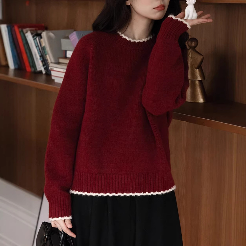 Cherry Mousse/New Year Atmosphere Sweater for Women, Autumn and Winter Christmas Inner Wear, Stylish Outfit for Petite Women, Red Top Cherry Mousse/New Year Atmosphere Sweater for Women, Autumn and Winter Christmas Inner Wear, Stylish Outfit for Petite Women, Red Top