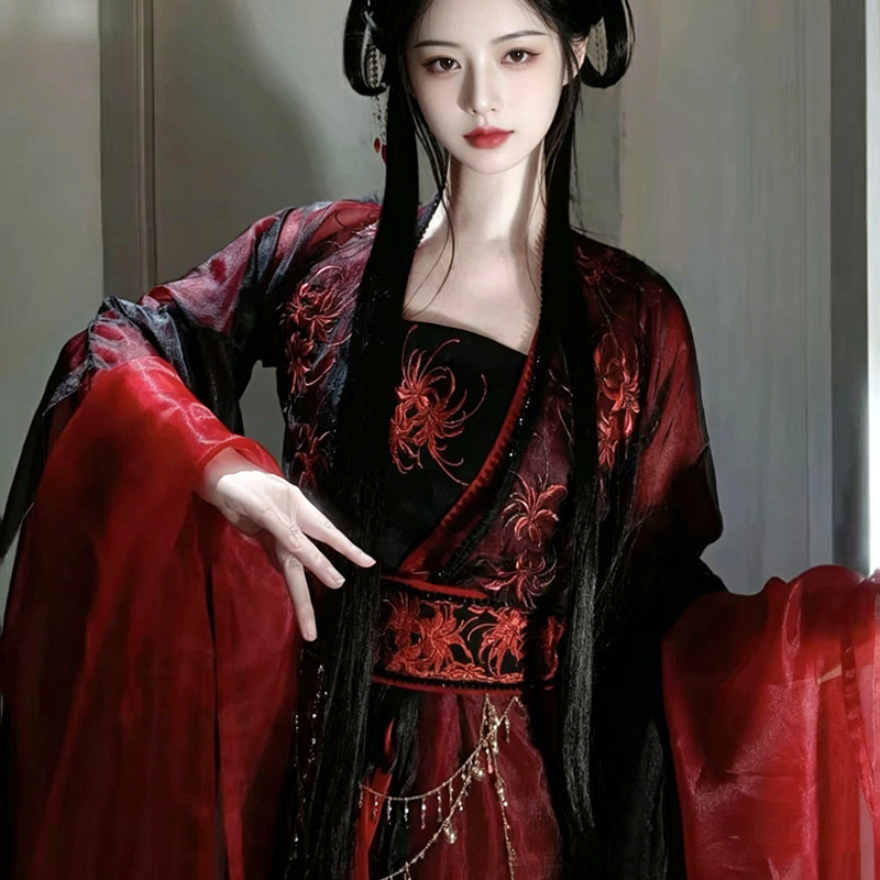 Black and Red Spider Lily Heavy Embroidery Hanfu for Women, Wei and Jin Style Large-Sleeved Waist-Length Skirt, Ancient Style Enchanting Cosplay Photo Shoot