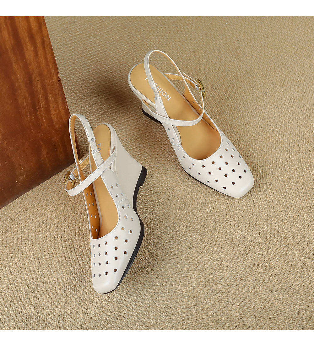 Sandal cao gót nữ mũi vuông quai ngang đế xuồng da thật lỗ thoáng khí — màu vàng, Trắng sữa, bạc chi tiết 14