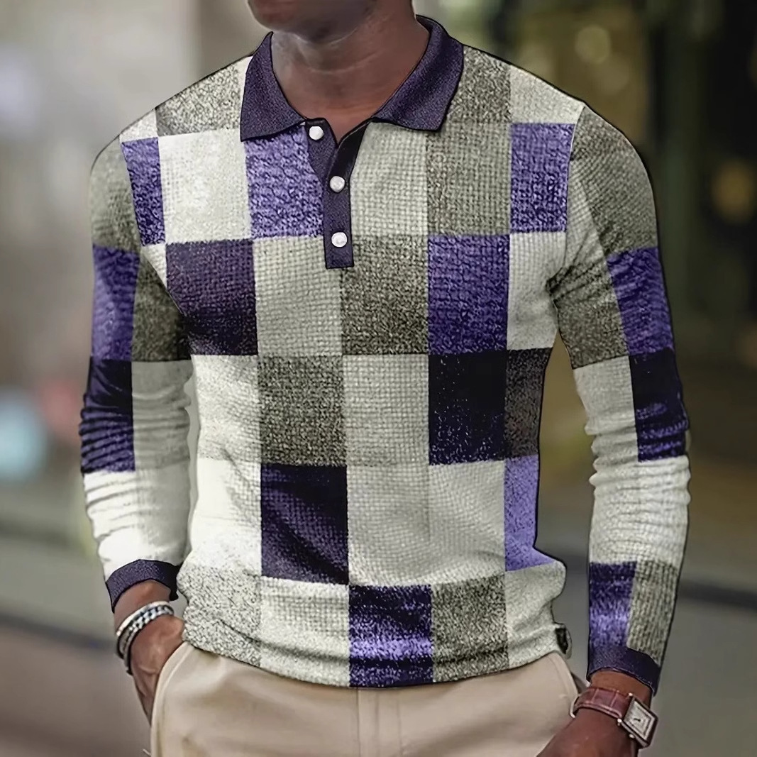 Personalidad retro tejido en contraste de color cuadrado estampado 3D casual suelto de manga larga camisa POLO de cuello con botones para hombres