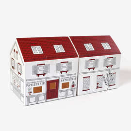 北欧风简约手绘红顶洋楼纸盒现货礼袜烘焙饼干牛轧糖包装折叠纸盒