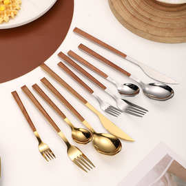 批发不锈钢仿木柄刀叉勺葡萄牙西餐餐具木纹餐具夹柄餐具日式餐具