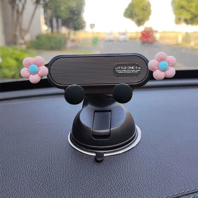 Car phone holder, cup type, dashboard support, navigation, in-car - black-pattern-with-pink-flowers-car-glass-dashboard-dual-use