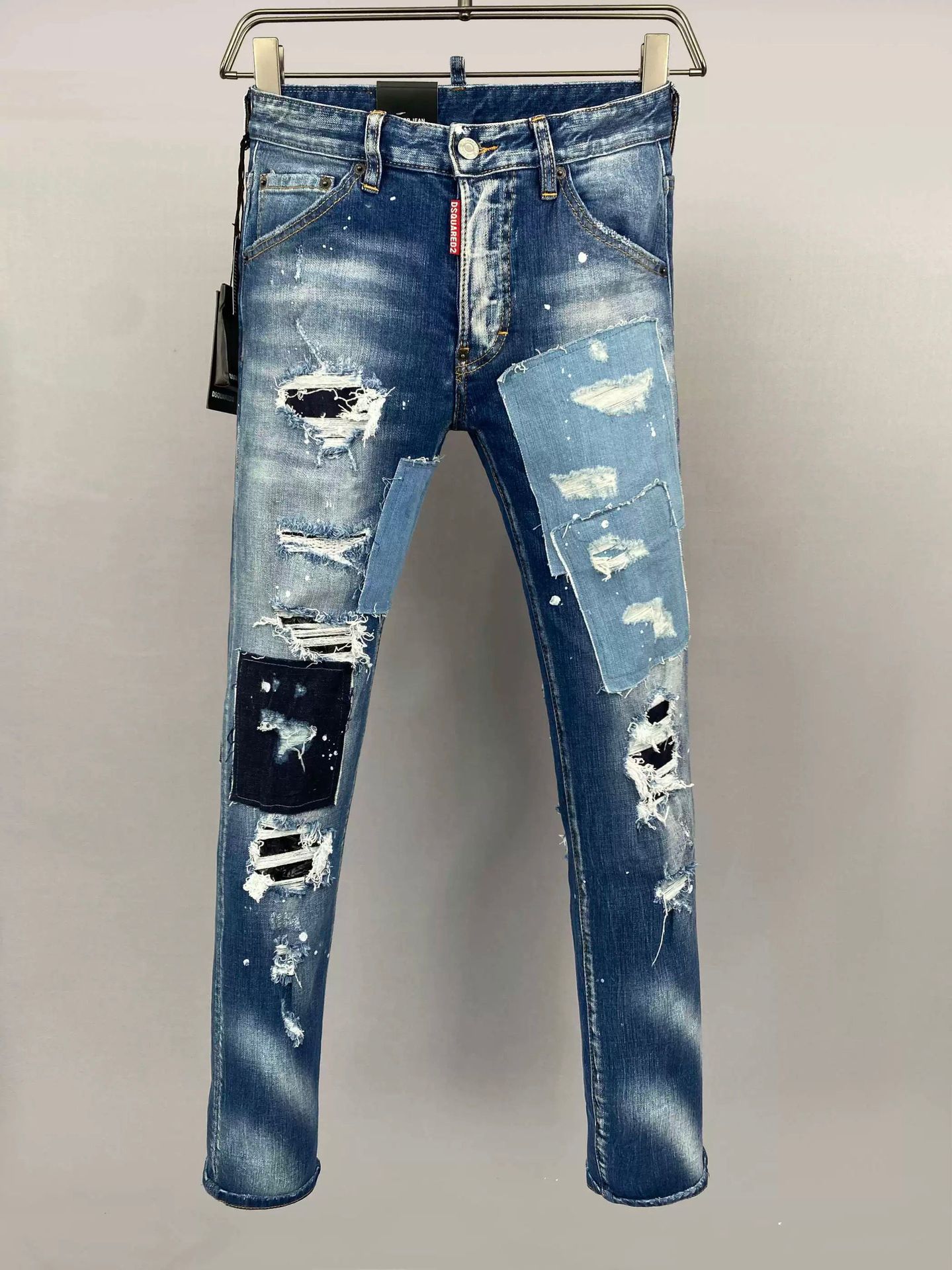 2025 Spring/Summer New D2 Trendy Men's Washed Distressed Patched Vintage Slim Fit Blue Skinny Jeans for Men