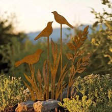 temu热销款4件套欧式花园生锈铁艺工艺品动物小鸟园林庭院地插