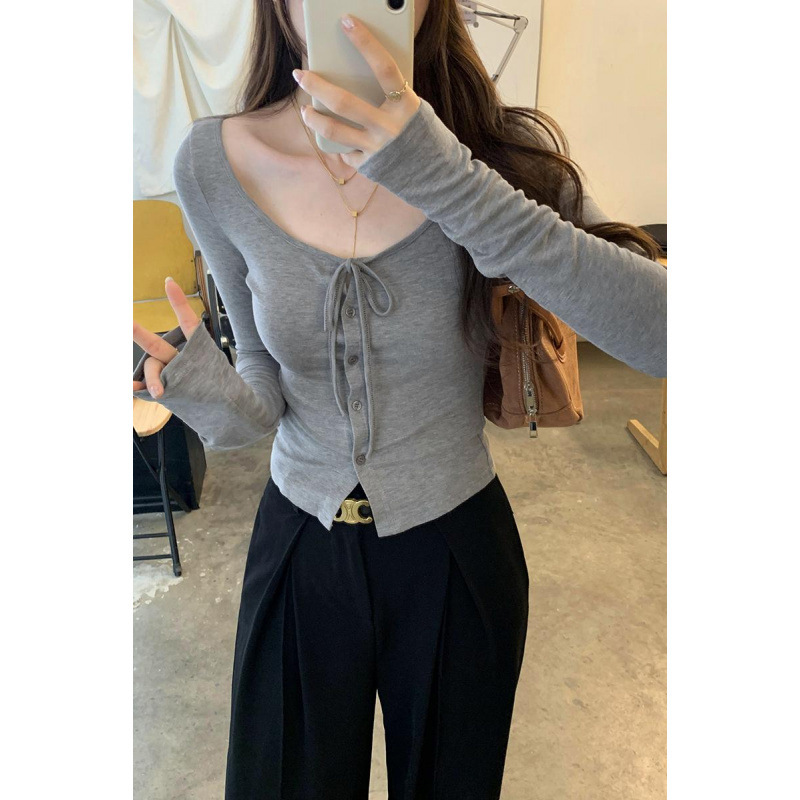 Wholesale Discount Large Neckline Tie-Up Sun-Protective Cardigan T-Shirt for Women Early Autumn 204 New Style Pure Desire Temperament Hot Girl Short Top Wholesale Discount Large Neckline Tie-Up Sun-Protective Cardigan T-Shirt for Women Early Autumn 204 New Style Pure Desire Temperament Hot Girl Short Top