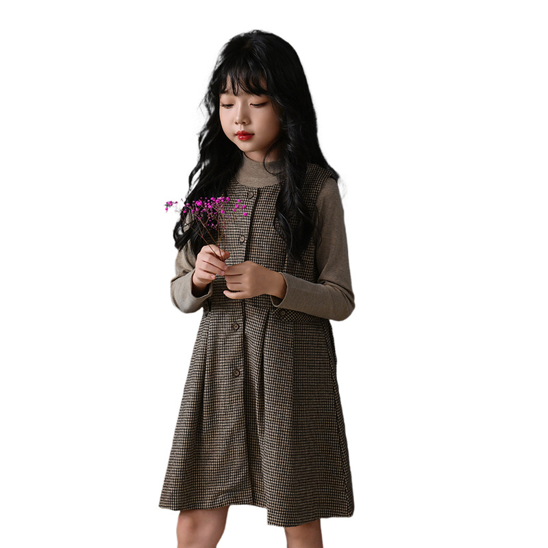 Vestido de chaleco retro nuevo estilo falda de chaleco de lana a cuadros temperamento de otoño e invierno estilo occidental falda de princesa para niños
