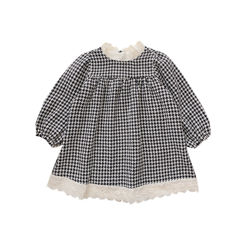 Children's Clothing 2025 Spring & Fall New Style Girls Houndstooth Lace Princess Long-Sleeved Small Fragrant Style Baby Girl Dress