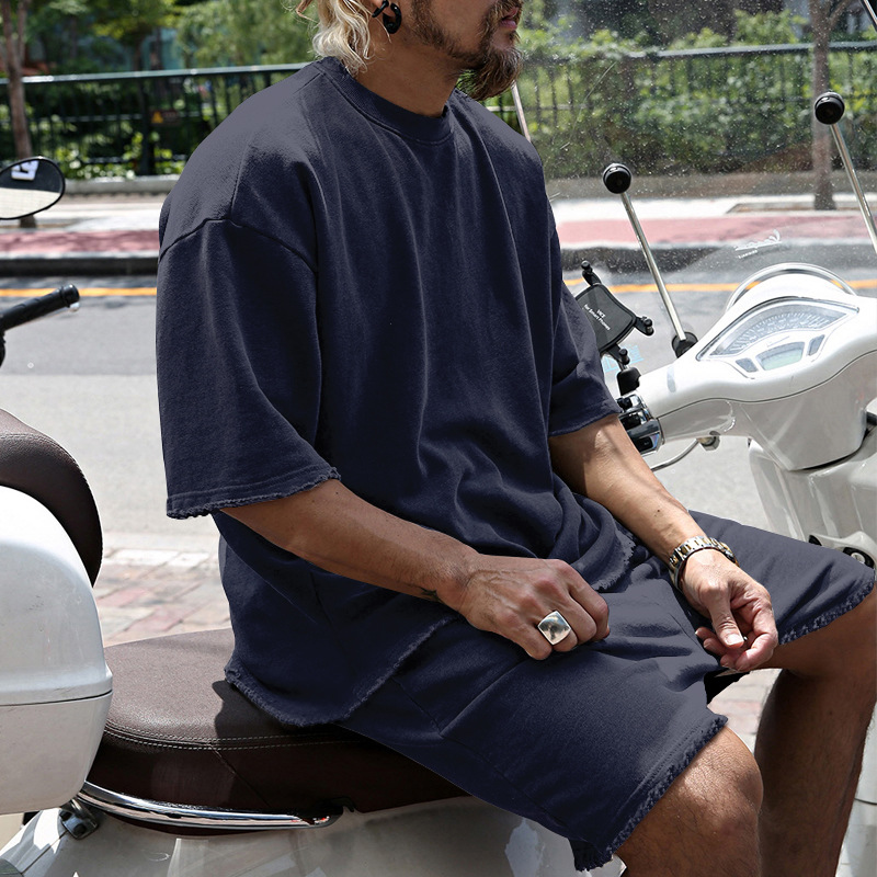 427g Weight Short Sleeve Sleeve Length Cotton Blend Fabric Type Shorts Sets Sets Type 2 Pieces Set Quantity Sports Occasion Round Neck Neckline Regular Fit Fit Type Solid Color Pattern Summer, Spring Season Men's Gender Casual Style Men's Solid Color Shorts Sets Men's Clothing 2