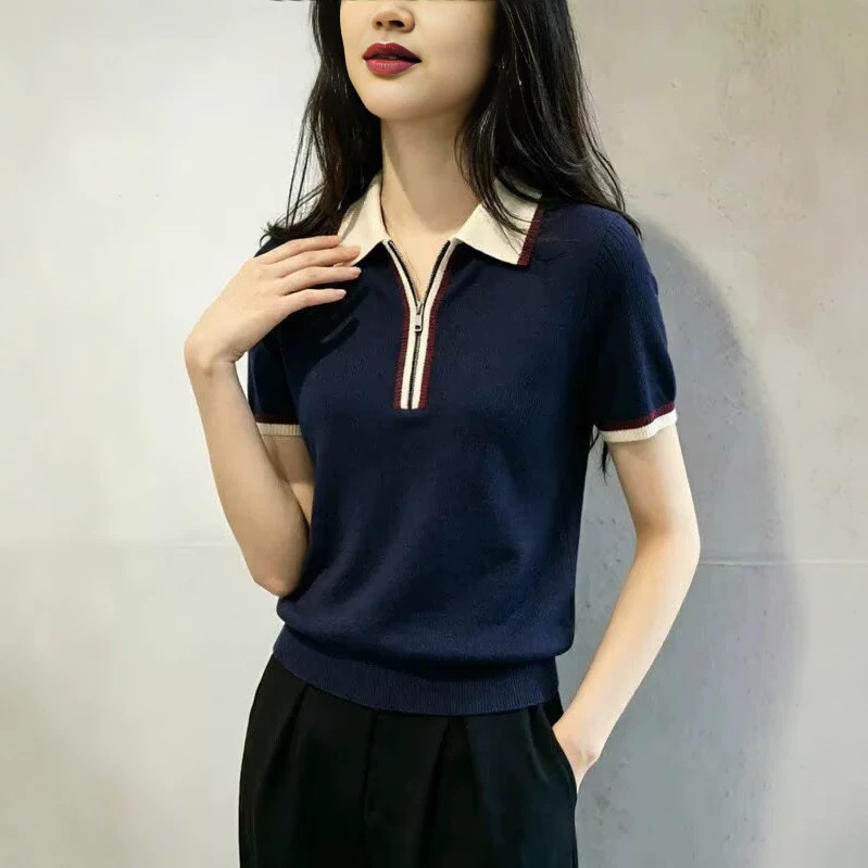 Áo thun nữ ngắn tay phong cách cổ điển, dây kéo trước, form ôm nhẹ — Xanh lông mòng đen chi tiết 1