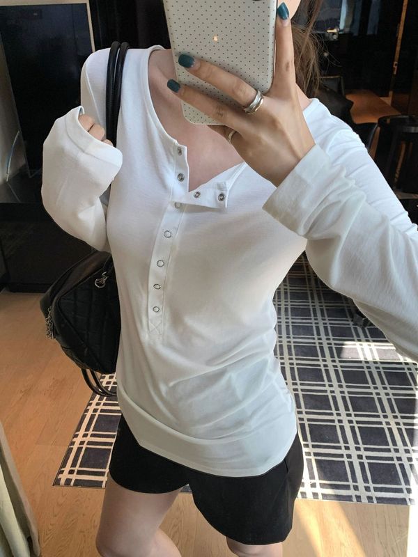 韩系慵懒风白色T恤女秋冬季新款休闲修身显瘦内搭打底衫长袖上衣|undefined