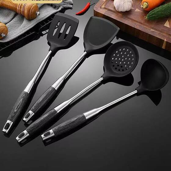 Pacifier grade silicone spatula non-stick special spatula soup spoon frying spatula colander cooking spatula wooden handle complete set