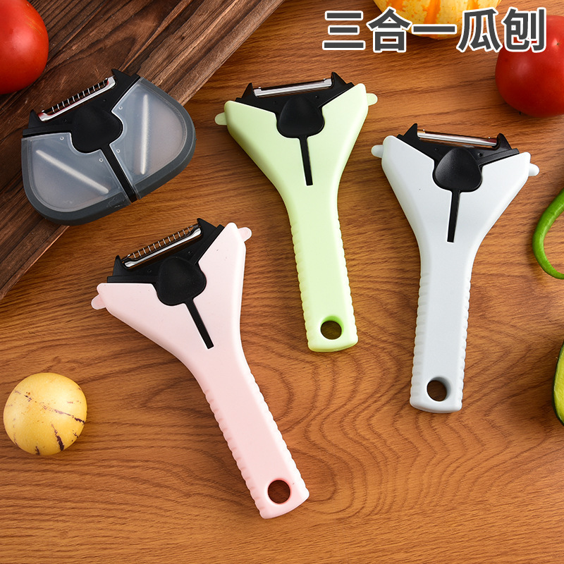 プラスチックハンドル野菜と果物のおろし金、収納が簡単、スリーインワンステンレススチールキュウリおろし金、多機能ピーラー、スクレーパー|undefined