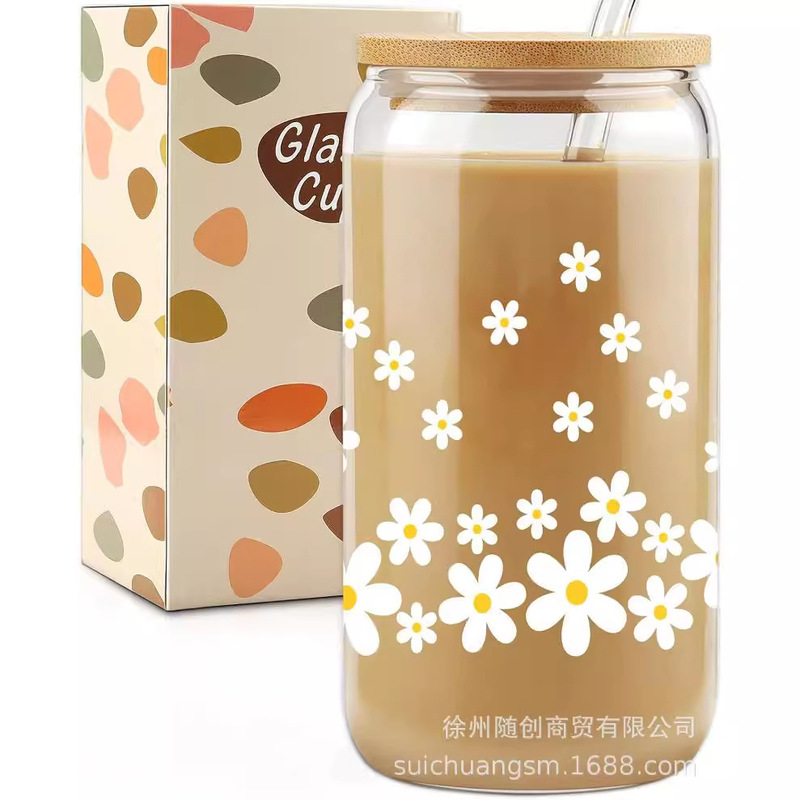 越境アマゾン デイジー柄カスタムプリント コーラストロー付きガラスカップ 母の日ギフトカップ 冷たい飲み物用カップ|undefined