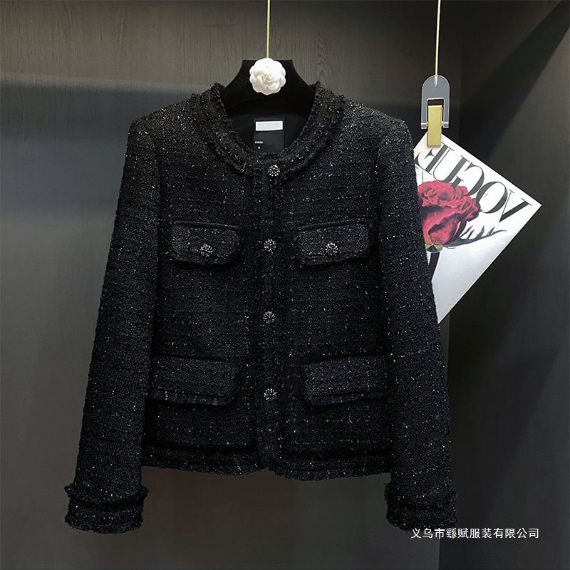 Black Chanel-Style Jacket for Women with Shiny Silk and Cotton, 2025 Autumn and Winter New French Socialite-Inspired Tweed Top