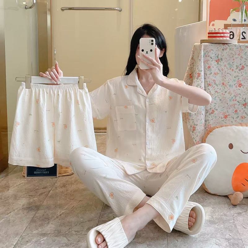 跨境云朵棉睡衣三件套女夏季短袖长裤短裤春秋季家居服套装外贸|undefined