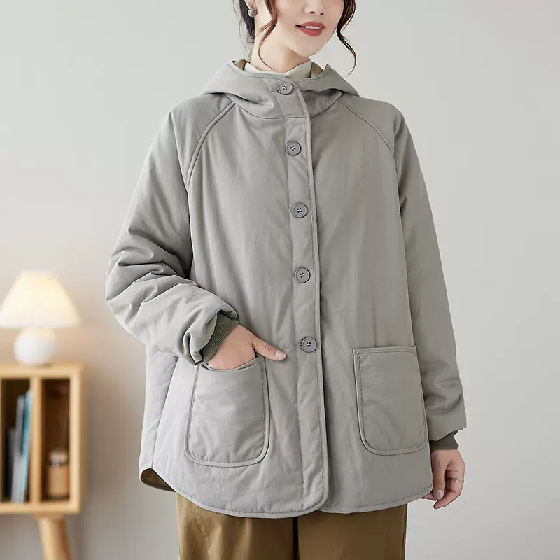 实拍2025年冬季新款文艺宽松纯色夹棉连帽长袖外套棉衣女2290#