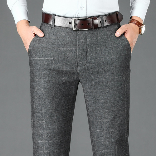 Spring and Autumn Thick-Textured Men's Casual Pants, Straight-Leg Pants for Middle-Aged Men, High-End Business Plaid Trousers, Loose Fleece-Lined Pants for Men