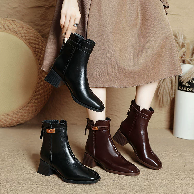 Женские ботинки на массивном каблуке, весенне-осенние ботинки, новинка 2025 года, кожаные ботинки средней длины, коричневые французские ботинки с квадратным носком, стройнящие модные ботинки.