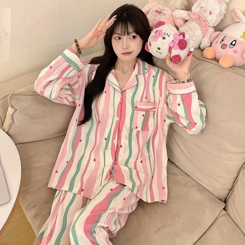 Primavera y otoño nuevo algodón japonés nubes de dibujos animados con solapa Cardigan damas Zoubu pijamas pantalones largos de mangas largas set de ropa para el hogar