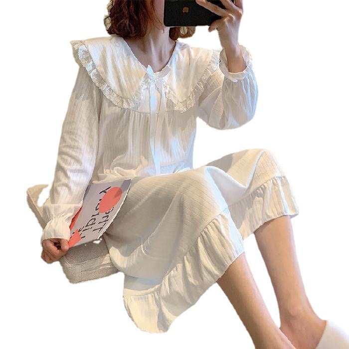 Princesa de primavera y otoño vestido de pijama de mangas largas para mujeres simple cuello de muñeca de color sólido largo arco de encaje de rodilla