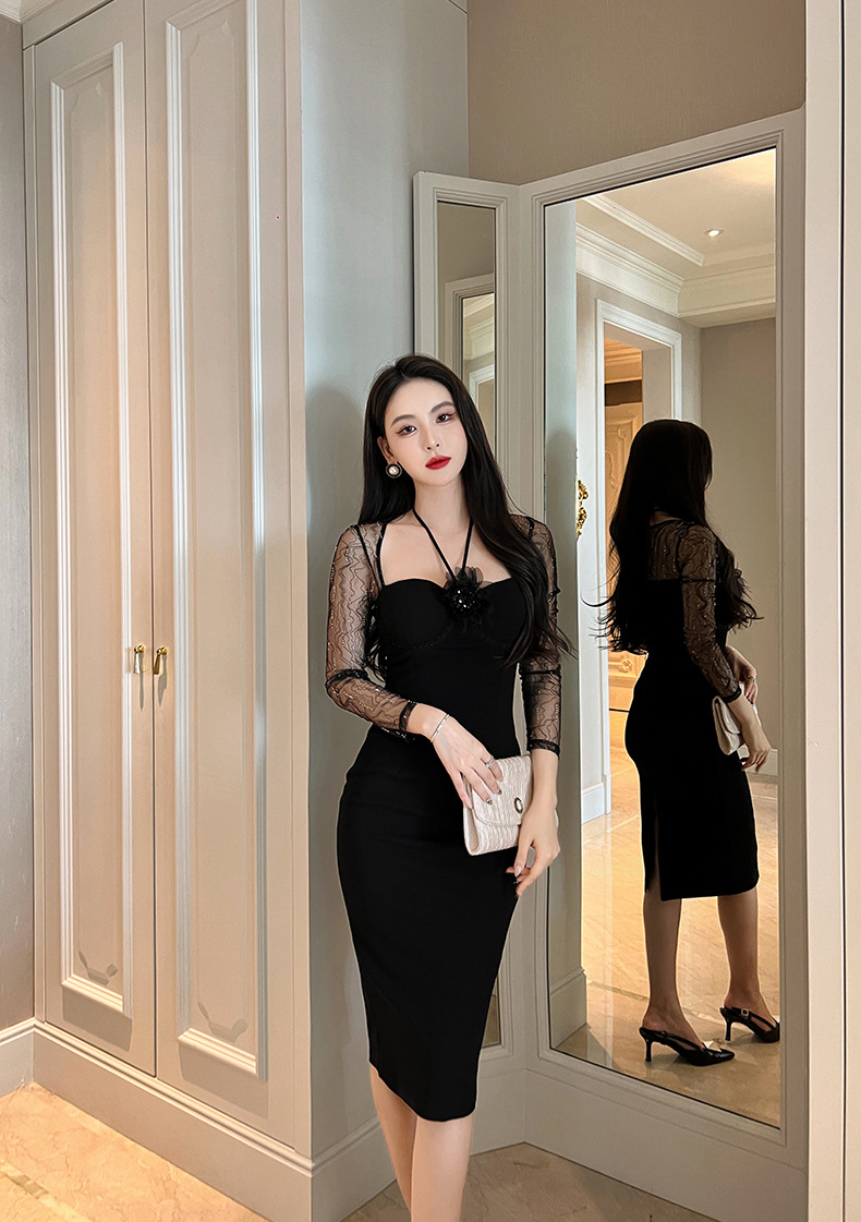 Đầm dài dáng ôm cổ halter phối lưới phong cách quý tộc — Màu đen chi tiết 7