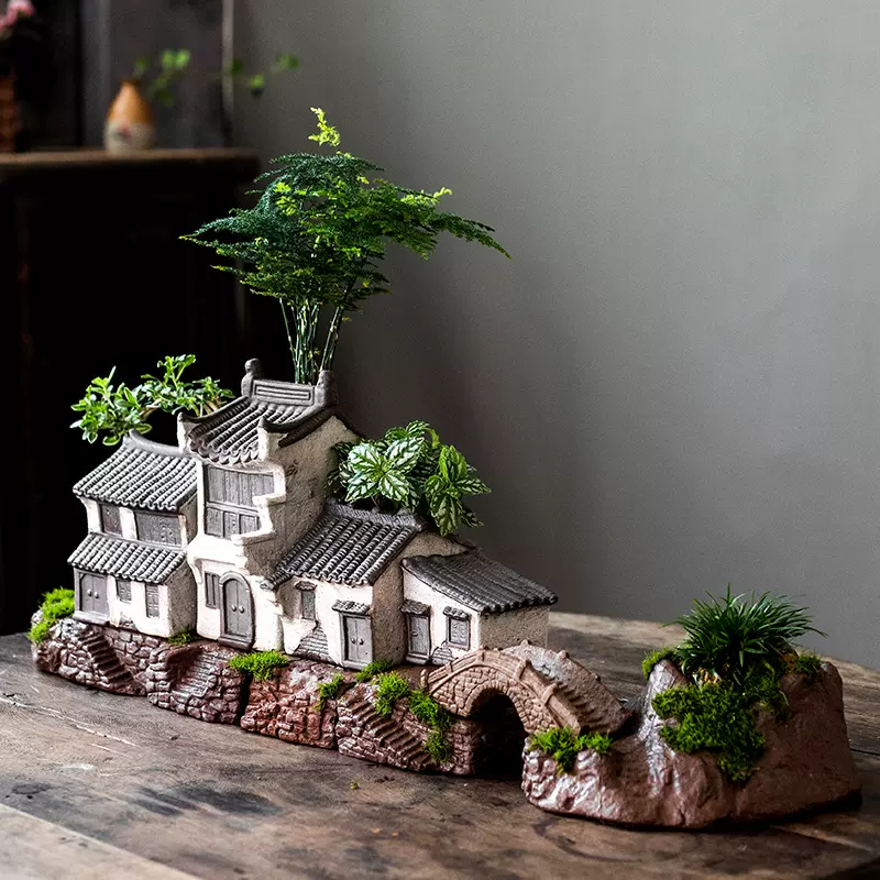 新中式微景观摆件鱼缸造景创意房子水培花盆办公室文竹苔藓盆栽盆