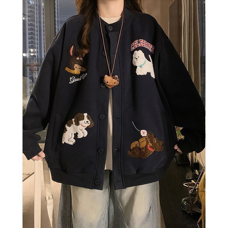 纯棉甜美可爱毛巾刺绣小狗棒球服开衫外套春秋款百搭情侣夹克上衣|undefined
