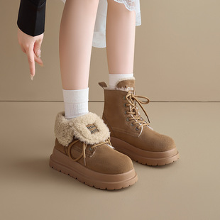 Augushiden Flip Snow Boots Women's 2024 New Winter Thick fleece-lined Cotton Shoes Short Barrel British Style Martin Boots