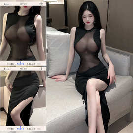 开衩露腿连衣裙约会情趣内衣女性感床上透视网纱拼接情性趣内衣