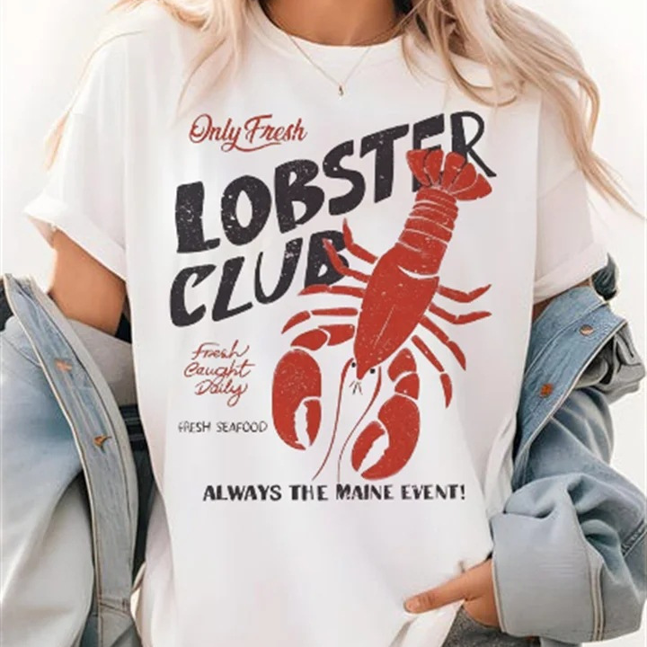 Holiday Travel Fashion T-Shirt Street Print Lobster Club Cute O-Neck Women's Casual Summer Short-Sleeved White T-Shirt