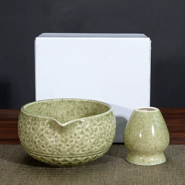 Matcha color embossed matcha bowl + tea stand + white box