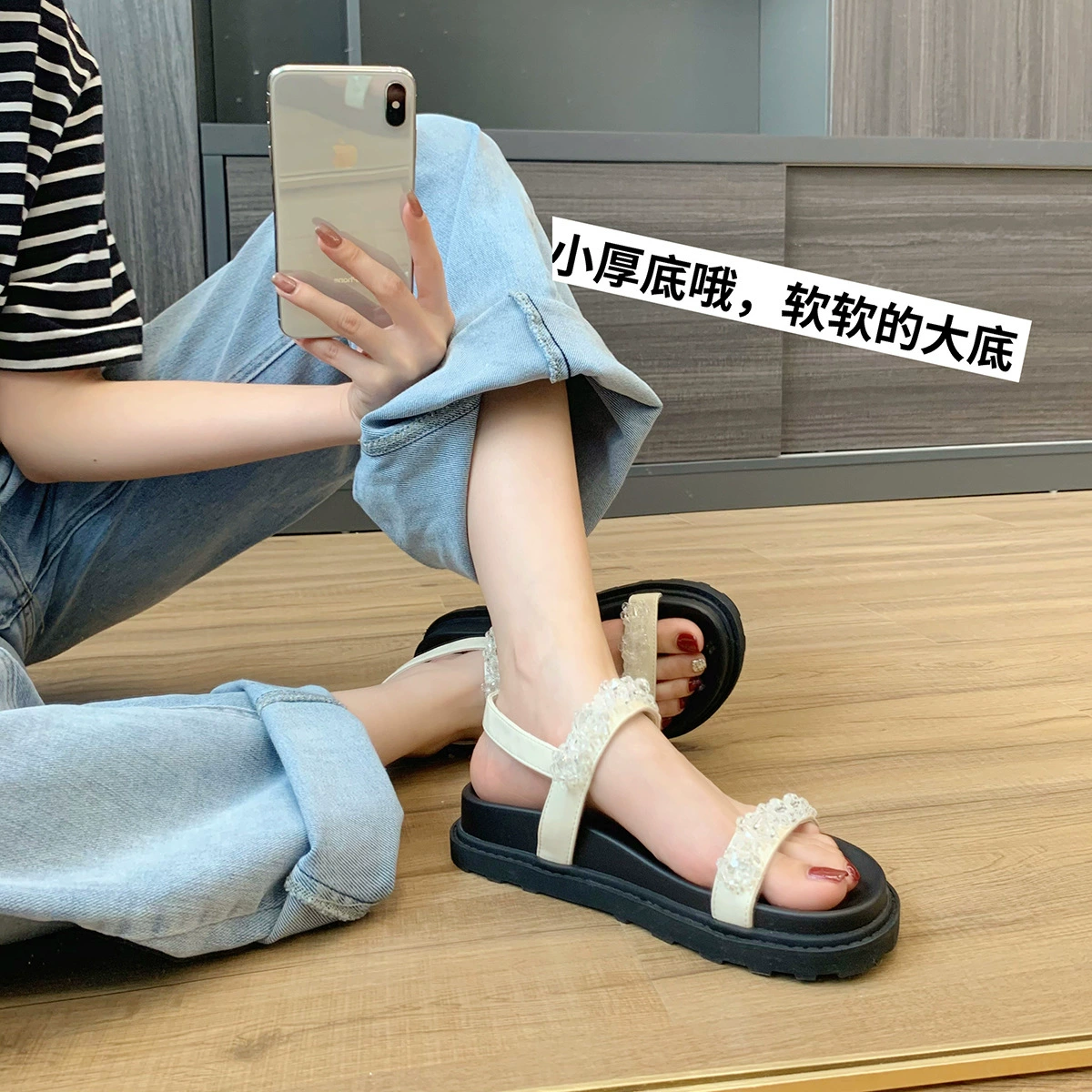 Женские летние сандалии с открытой пяткой и пряжкой в ​​стиле феи на мягкой подошве с кристаллами и цветочной пряжкой, летние римские сандалии с открытым носком на толстой подошве из натуральной кожи