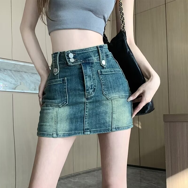 Retro Denim Skirt Hot Girl Style 2024 Summer New Large Hem Anti-Exposure Petite A-Line Hip-Hugging Skirt Pants