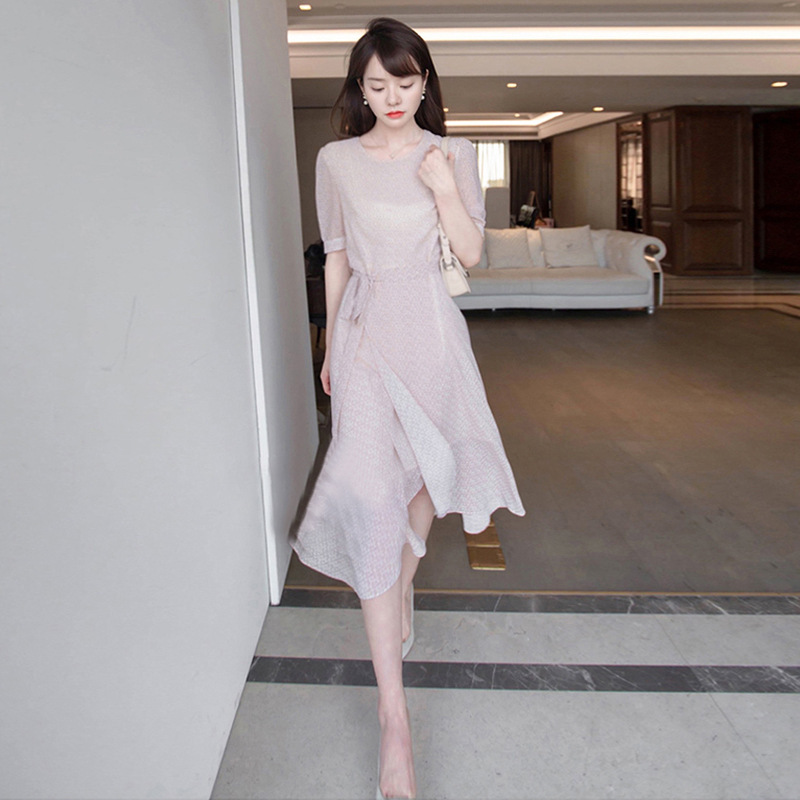 Gentle Elegant Round Neck Puff Sleeve Chiffon dress Summer Irregular Floral Dress vintage Retro Long Dress