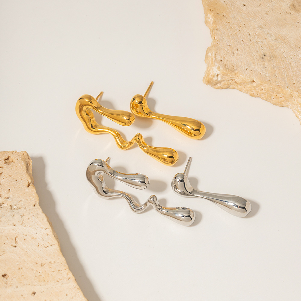 Pendientes de acero inoxidable chapados en oro con forma de lágrima Irregular, pendientes de sección geométrica versátiles a la moda para mujer INS_voghion.com