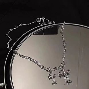 High-end niche 925 sterling silver diamond double cross pendant electroplated 18K white gold necklace trendy and fashionable silver jewelry