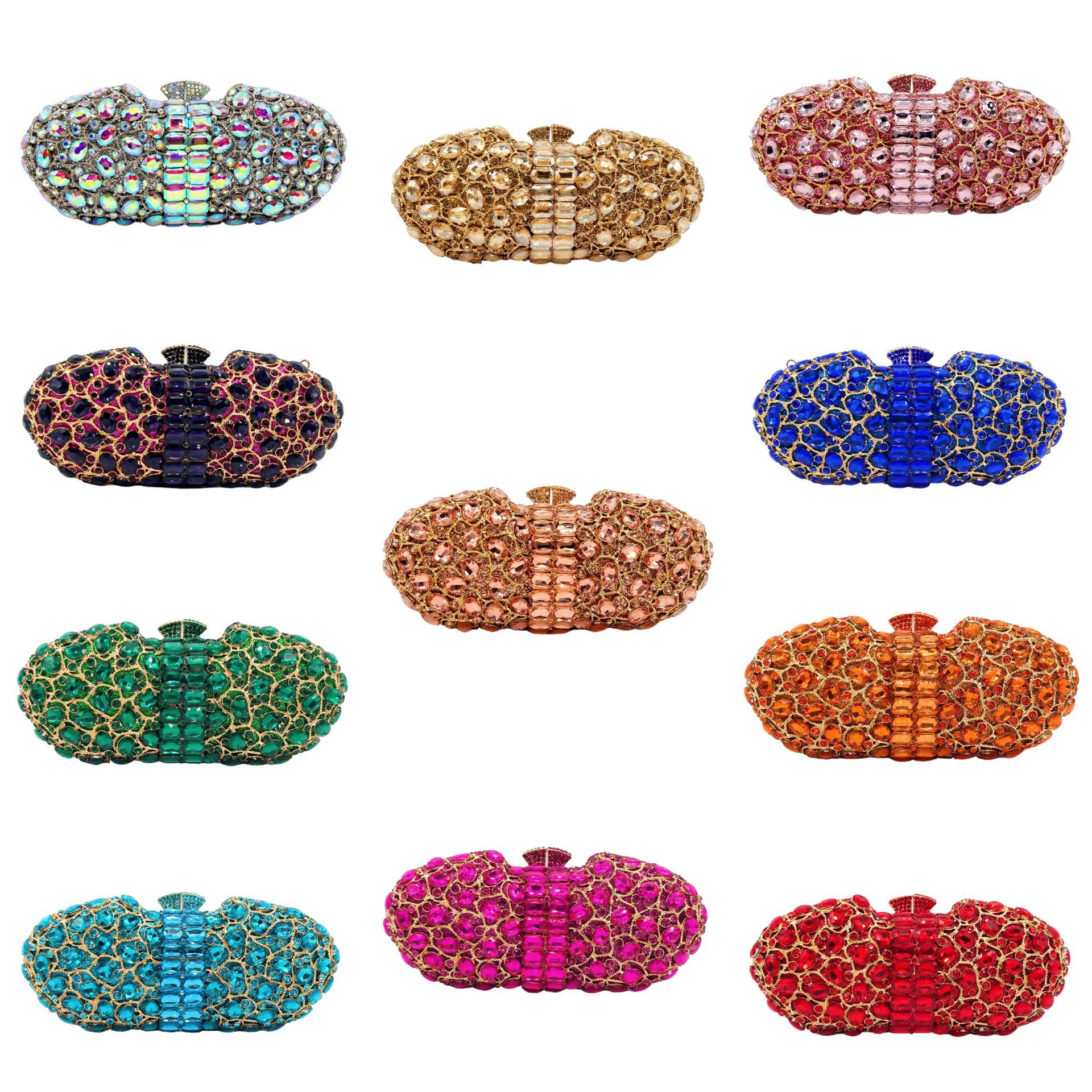 Túi clutch nữ đính đá dạ hội cầm tay phong cách Âu Mỹ — vàng, Bạc AB, màu sâm panh, đỏ