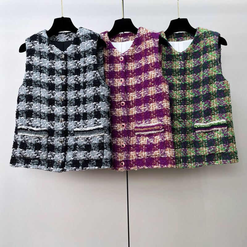 New Tweed Style Retro Sequined Plaid Wool Woven Tweed Vest Jacket Women's Woolen Sleeveless Vest Top