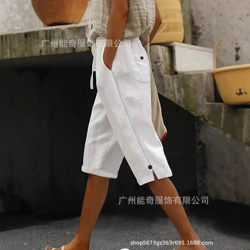 European and American Cross-Border Women's Pants Summer New Cotton and Linen Solid Color Fashion Casual Pants with Side Pockets and Drawstring Elastic Waist Cropped Pants European and American Cross-Border Women's Pants Summer New Cotton and Linen Solid Color Fashion Casual Pants with Side Pockets and Drawstring Elastic Waist Cropped Pants