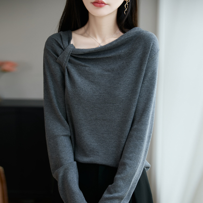 25年早秋蚕丝羊毛一字领针织衫长袖女纯色褶皱套头宽松打底衫上衣|undefined